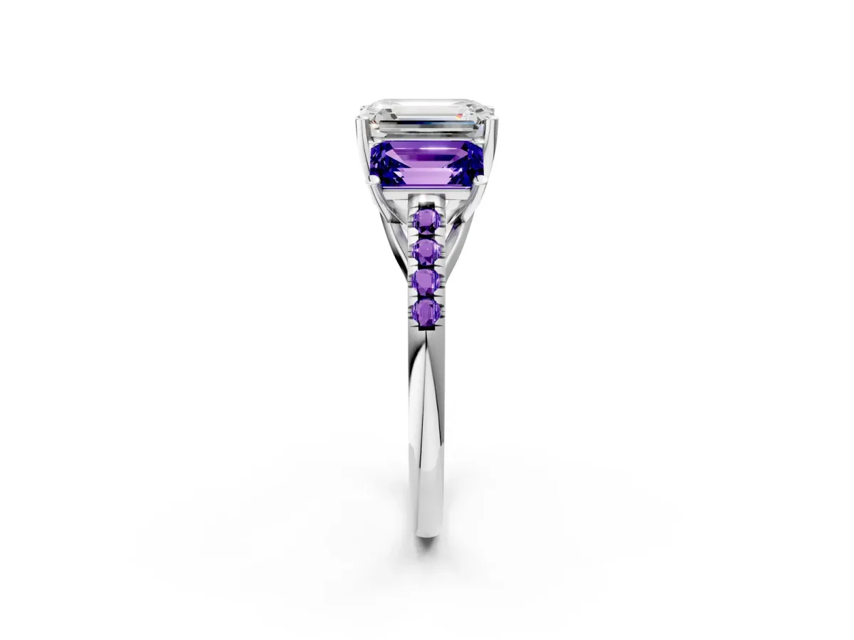 Three-Stone Emerald Cut Diamond Ring with Round Tanzanite Pavé Band and Prong Setting Silver