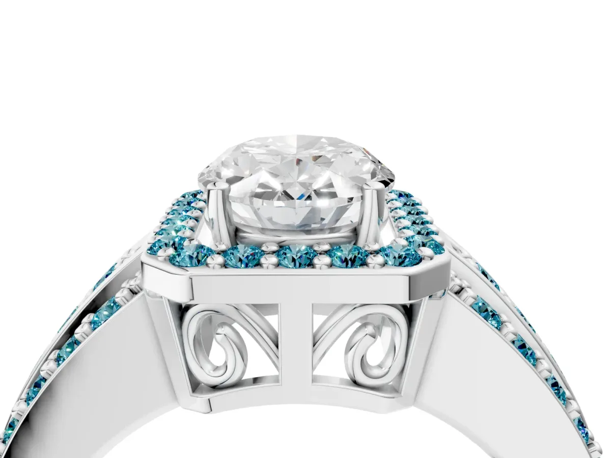 Oval Cut Halo Diamond Ring with Round Blue Topaz Split Shank and Prong Setting Silver