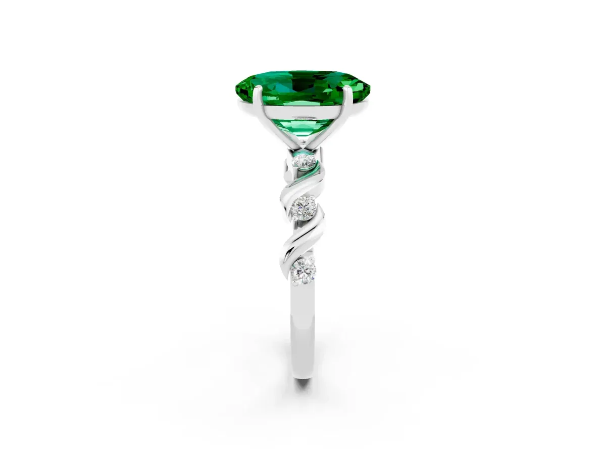 Oval Cut Emerald Solitaire Twisted Band with Round Accents and Prong Setting Silver