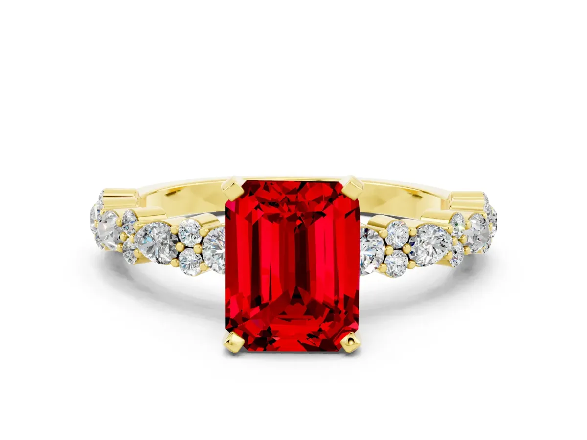 Emerald Cut Ruby Side Stone Solitaire Ring with Round and Four-Prong Setting Yellow gold