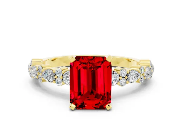 Emerald Cut Ruby Side Stone Solitaire Ring with Round and Four-Prong Setting Yellow gold