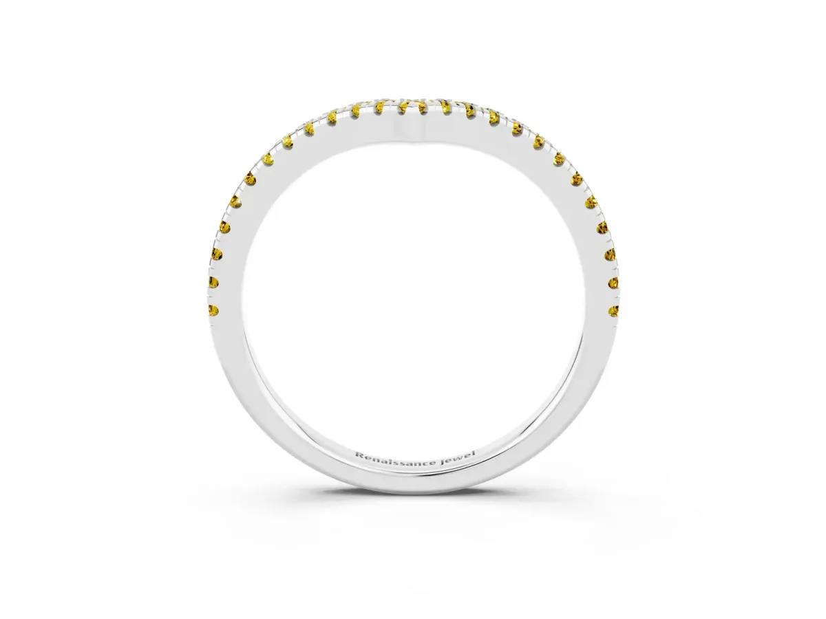 Pavé Round Yellow Sapphire V-Shaped Chevron Band with Shared Prong Setting Silver