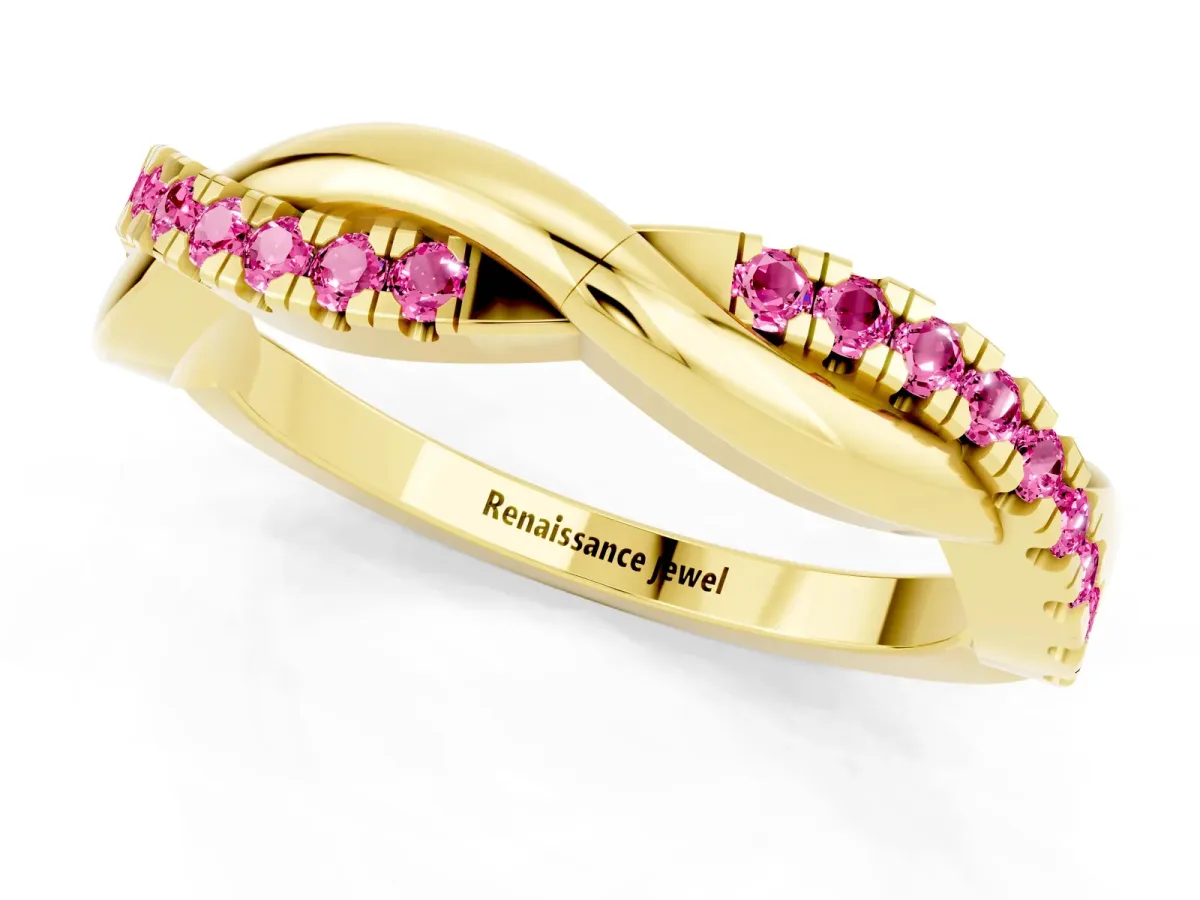 Round Pink Sapphire Twisted Infinity Band with Prong Setting Yellow gold