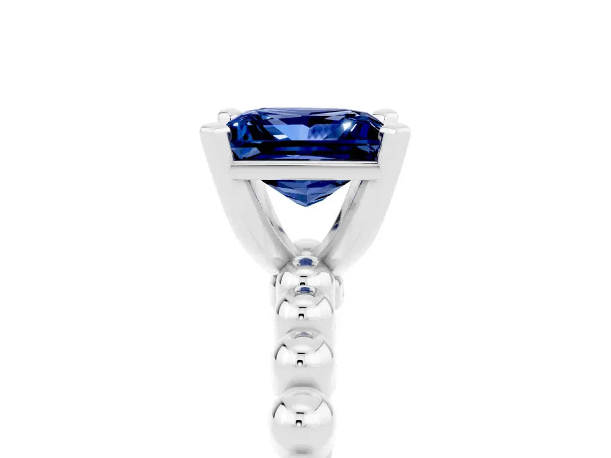 Princess Cut Blue Sapphire Solitaire Ring with Beaded Band and Prong Setting Platinum
