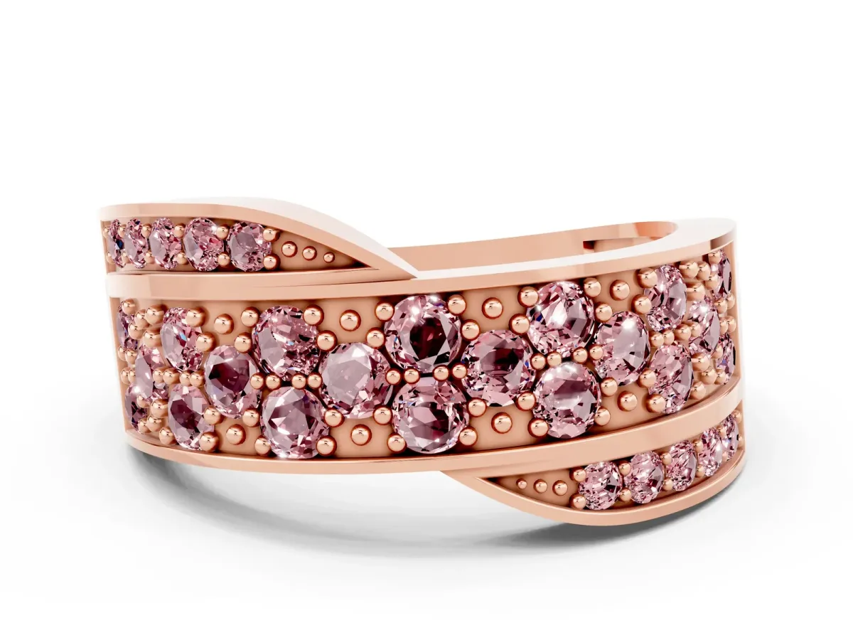 Pavé Round Morganite Crossover Band with Bead Prong Setting Rose gold
