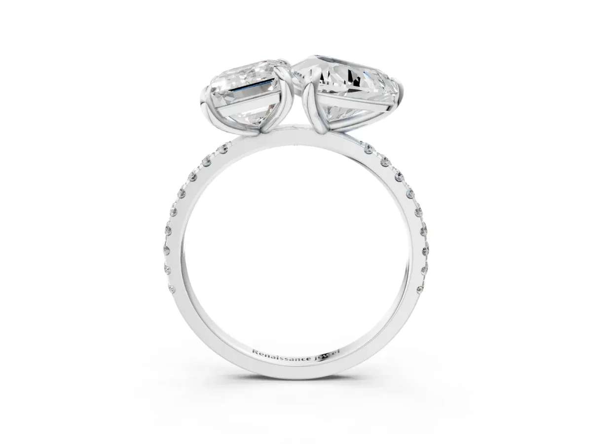 Emerald and Heart Toi Moi Ring with Prong Setting and Micro Pave Band Silver