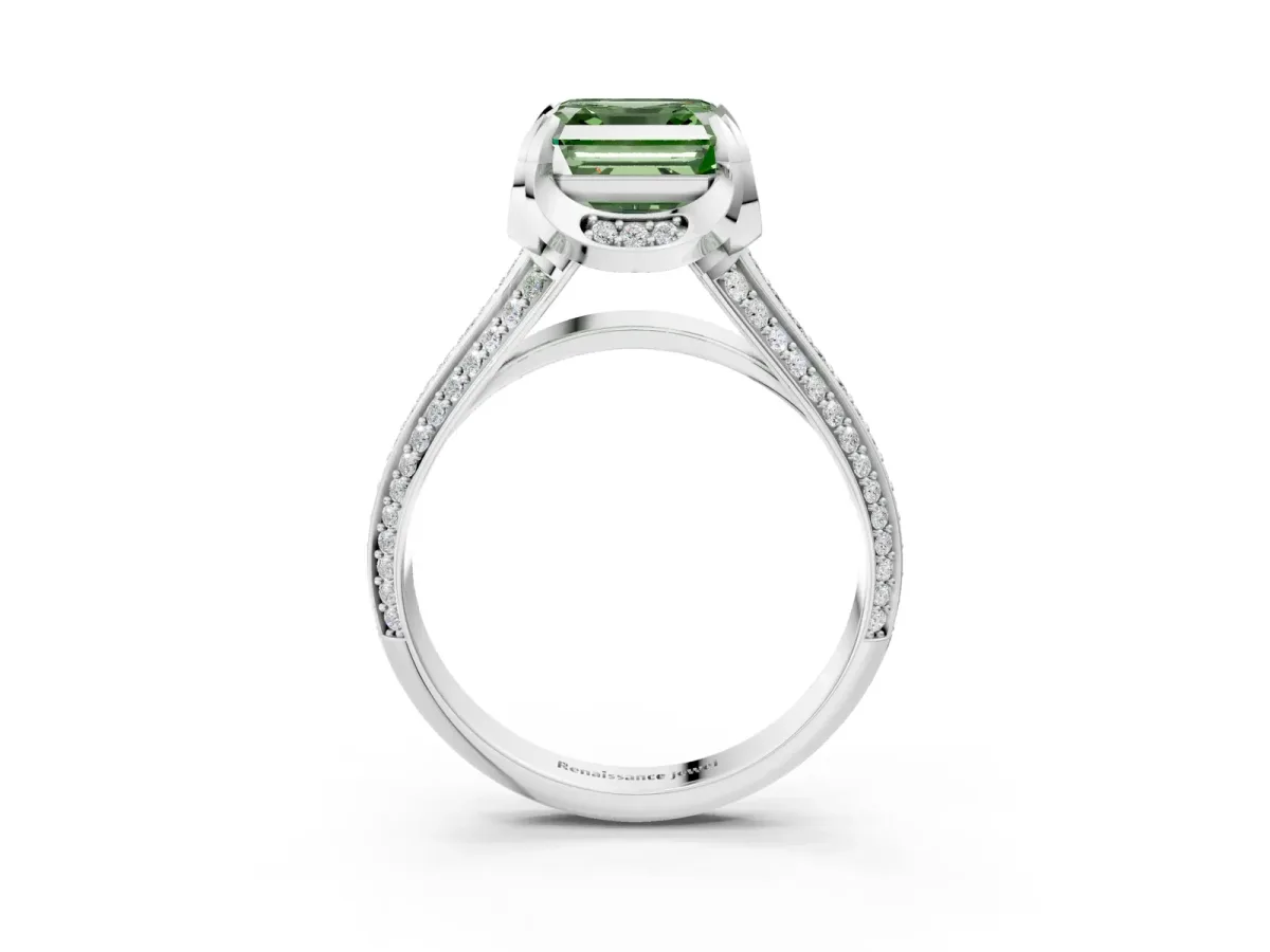 Fancy Green Asscher Cut Solitaire Pave Split Shank Ring with Four-Prong Setting Platinum