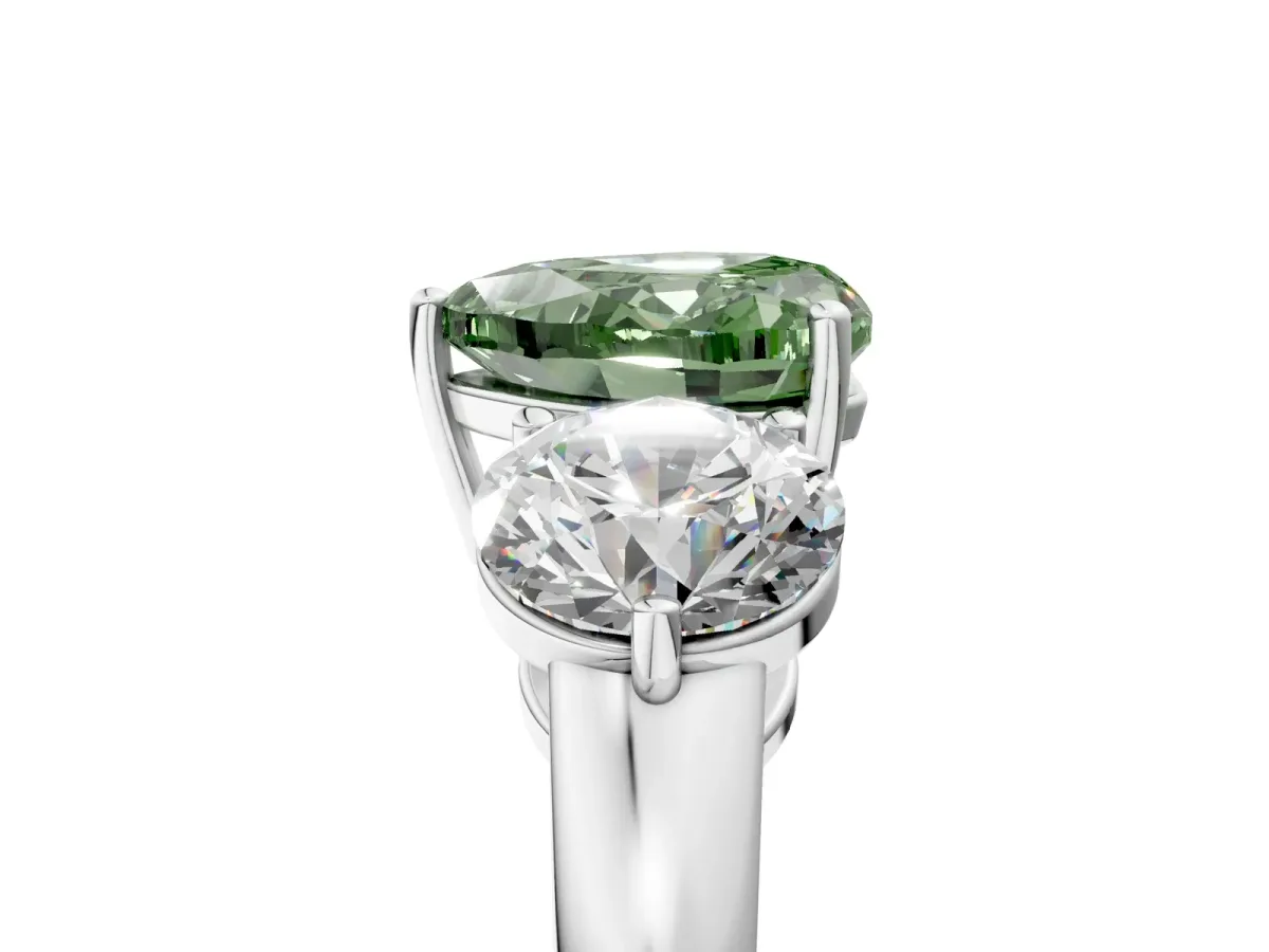 Fancy Green Heart Cut Diamond Three-Stone Ring with Prong Setting and Classic Band Platinum
