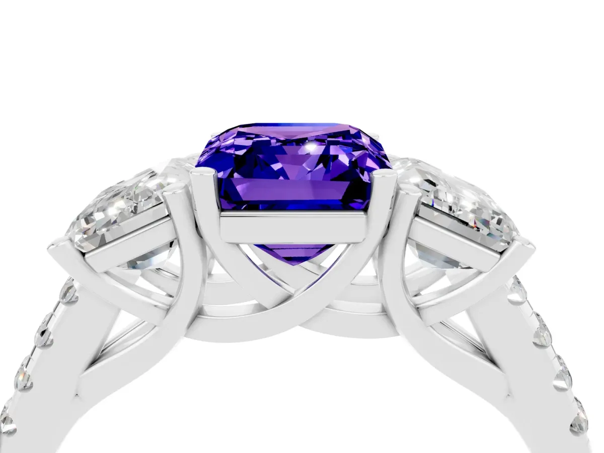 Three-Stone Emerald Cut Tanzanite Ring with Round Pavé Band and Prong Setting Platinum