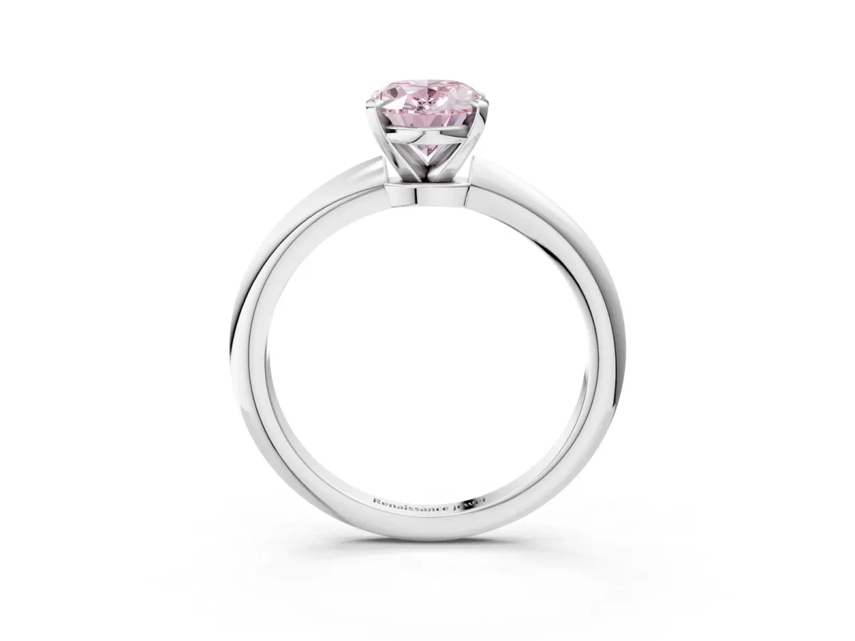 Fancy Pink Oval Cut Diamond Solitaire Ring with Six-Prong Setting and Classic Band Silver