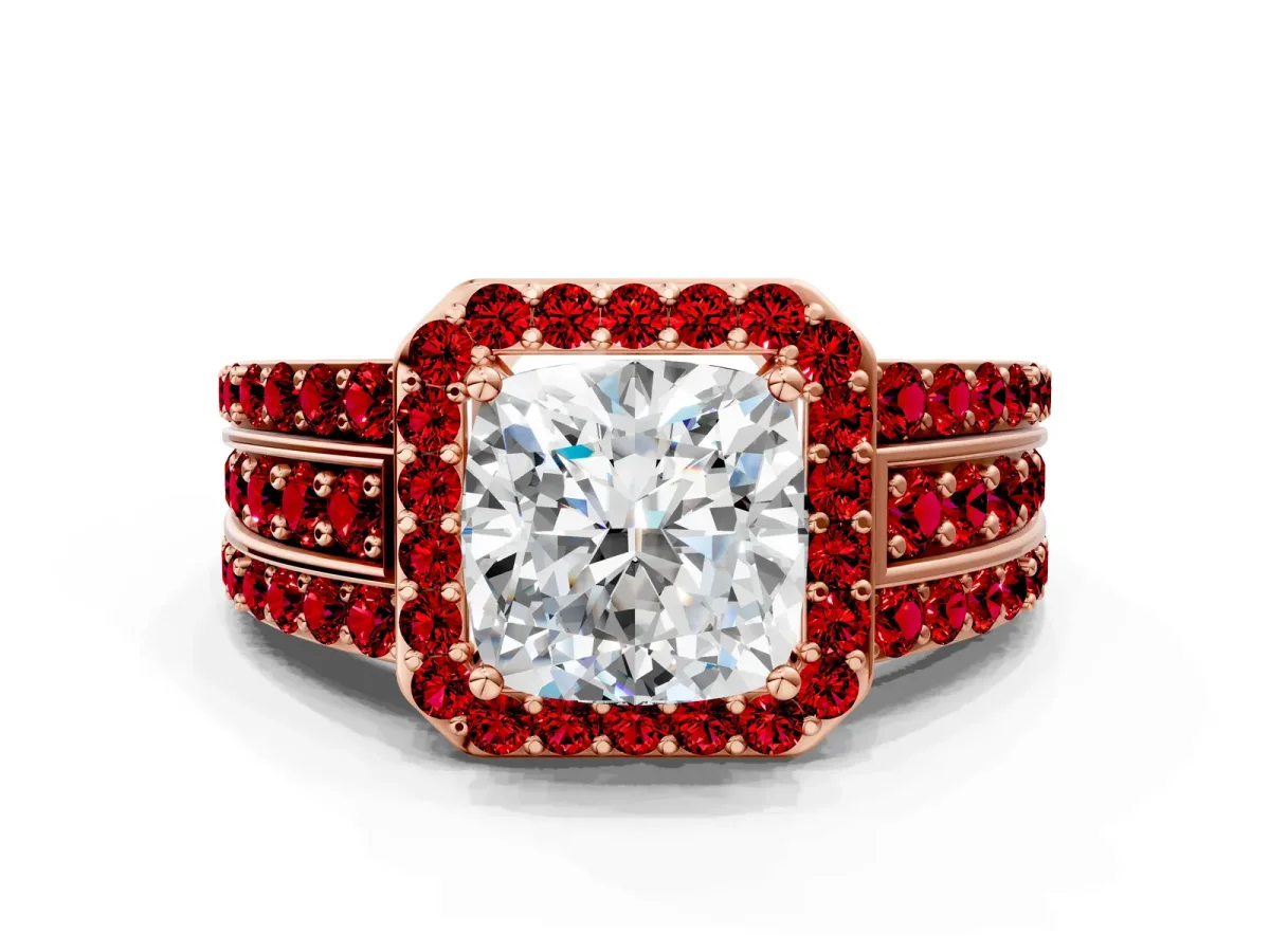 Cushion Cut Halo Diamond Ring with Round Ruby Split Shank and Prong Setting Rose gold