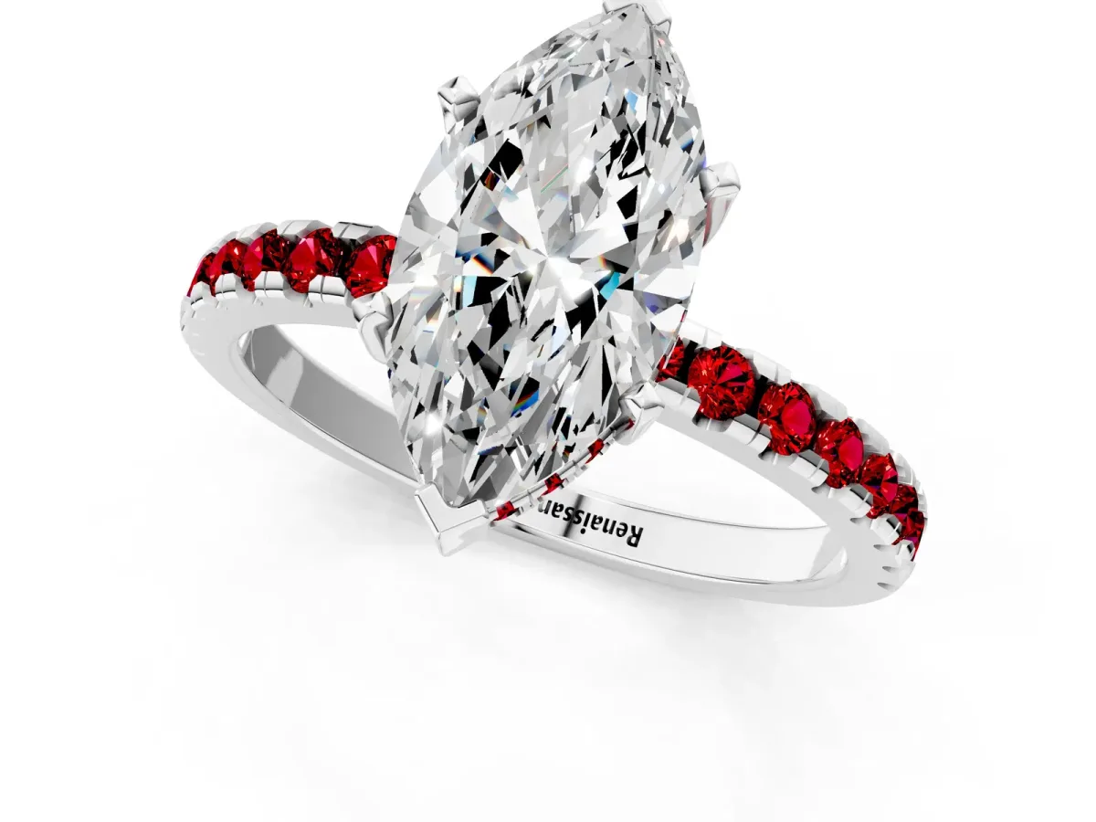 Marquise Cut Diamond Solitaire Ring with Round Ruby Pavé Band and Four-Prong Setting Silver