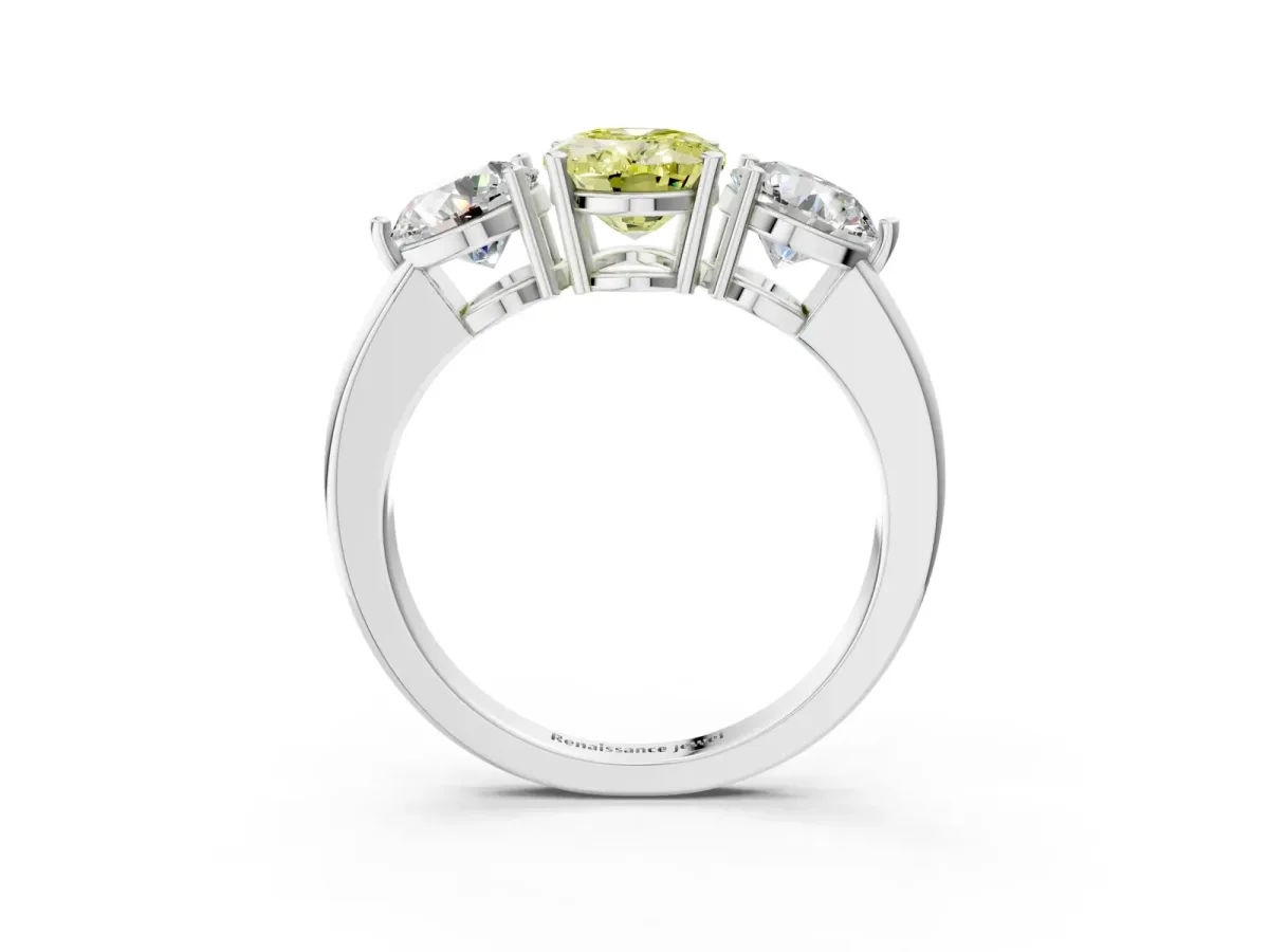 Fancy Yellow Oval Cut Diamond Three-Stone Ring with Prong Setting and Classic Band White gold