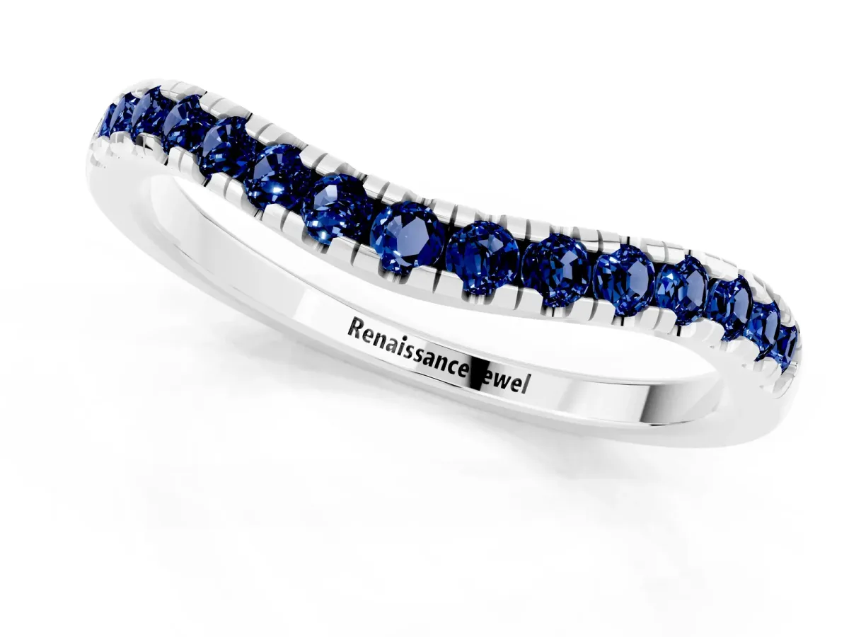 Blue Sapphire Pavé Curved Wedding Band Silver