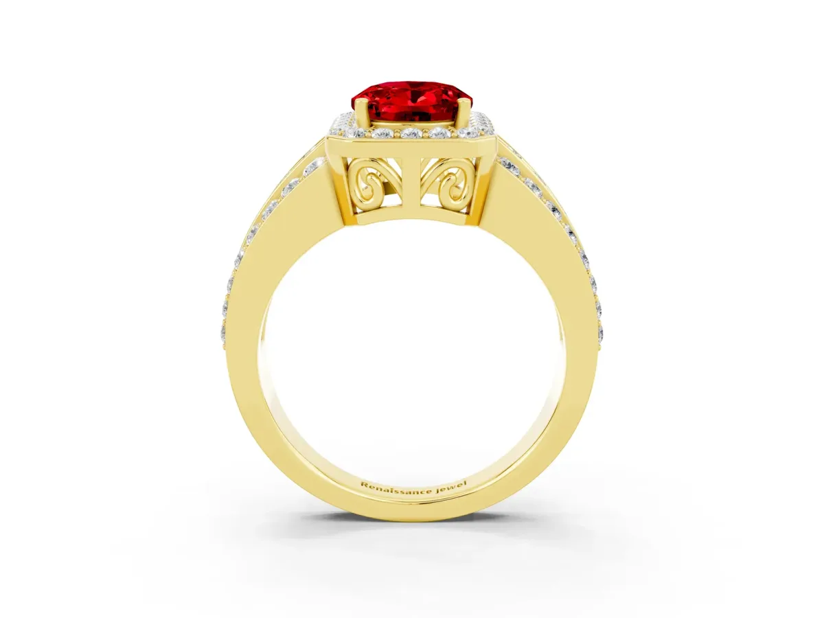 Oval Cut Halo Ruby Ring with Round Split Shank and Prong Setting Yellow gold