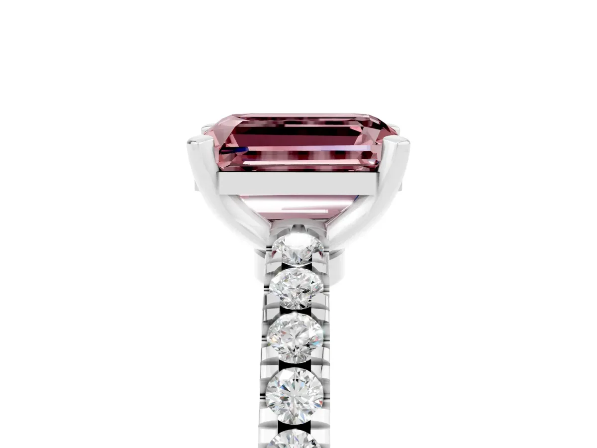 Emerald Cut Solitaire Morganite with Pavé Band and Four-Prong Setting Platinum