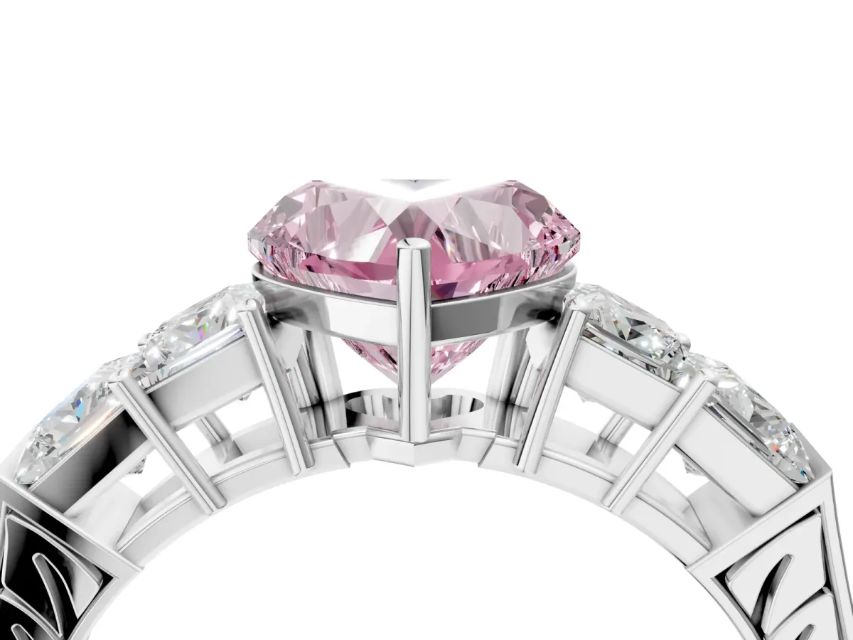 Fancy Pink Heart Cut Solitaire Princess Side Stone Engraved Band Prong Setting Ring Silver
