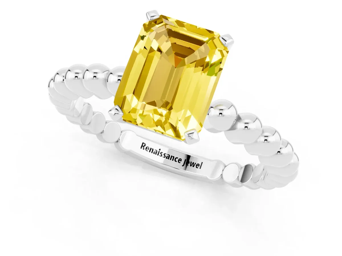 Emerald Cut Yellow Sapphire Solitaire Ring with Beaded Band and Prong Setting Silver