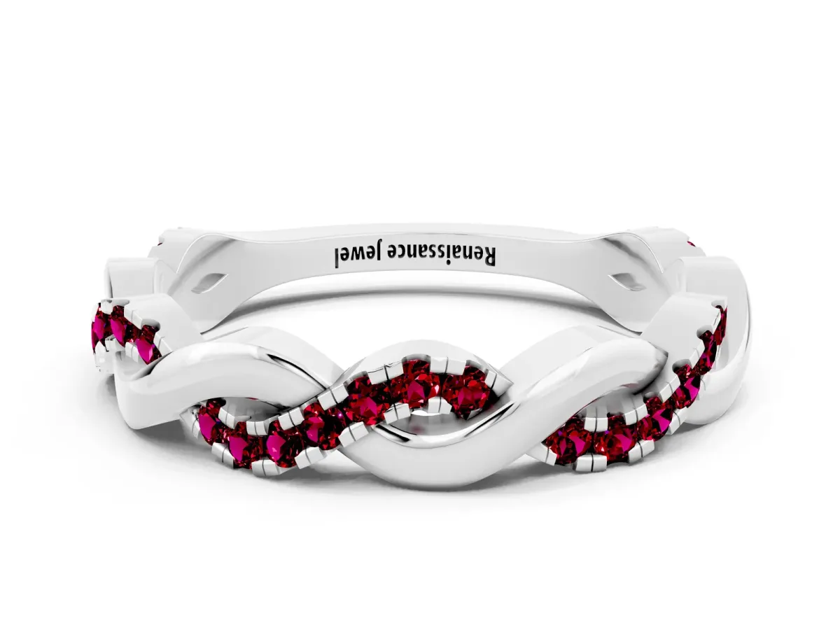 Pavé Round Garnet Twist Eternity Band with Shared Prong Setting Platinum