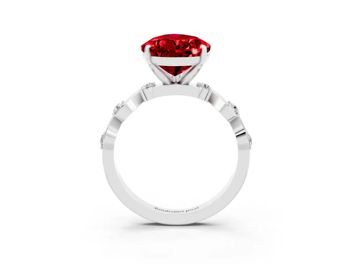 Pear Cut Ruby Solitaire Twisted Band with Round Accents and Prong Setting Silver
