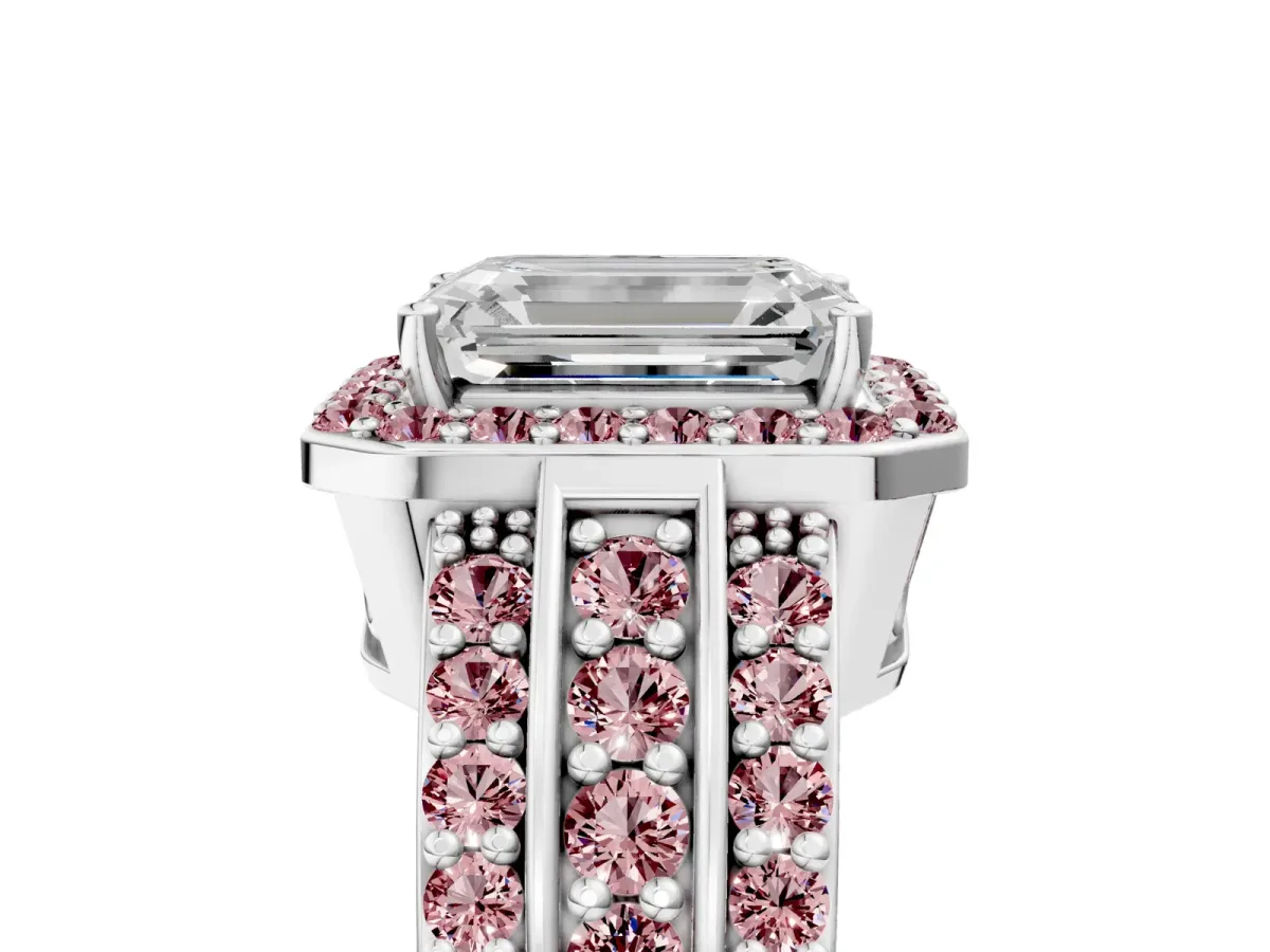 Emerald Cut Halo Diamond Ring with Round Morganite Split Shank and Prong Setting White gold