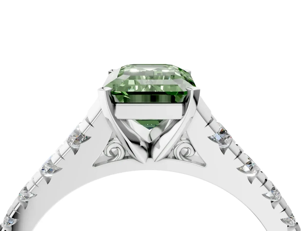 Fancy Green Emerald Cut Diamond Cathedral Solitaire Ring with Round Pavé Band Platinum