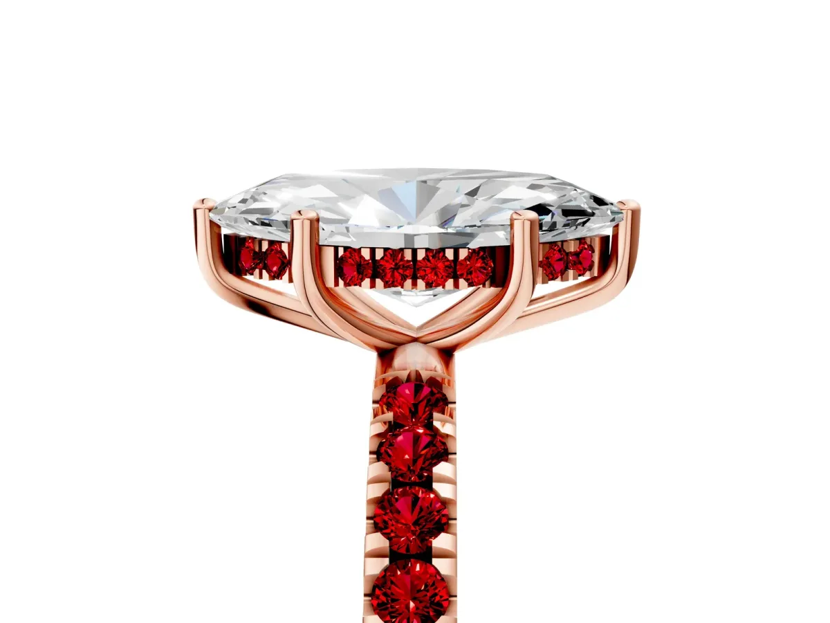 Marquise Cut Diamond Pave Band Solitaire Ring with Round Ruby and Prong Setting Rose gold
