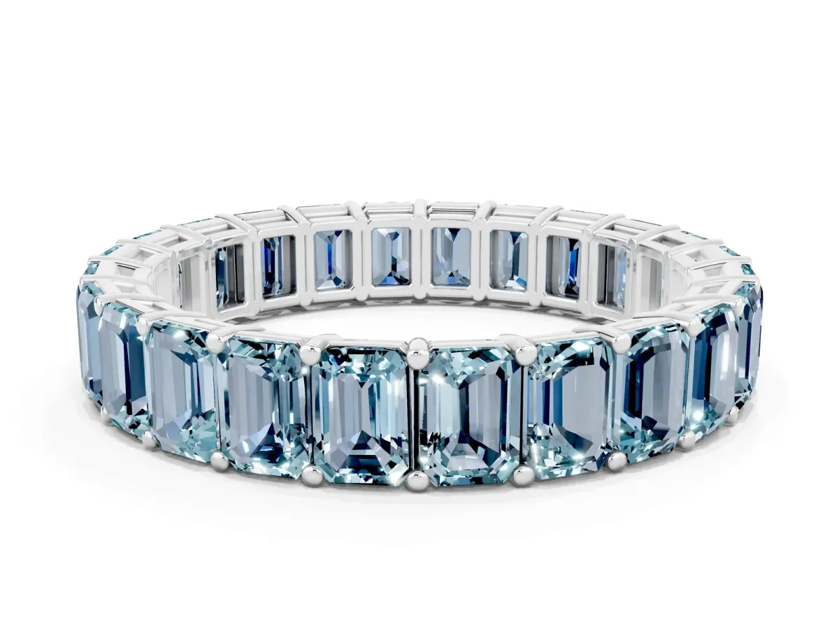 Emerald Cut Aquamarine Eternity Band with Shared Prong Setting Silver