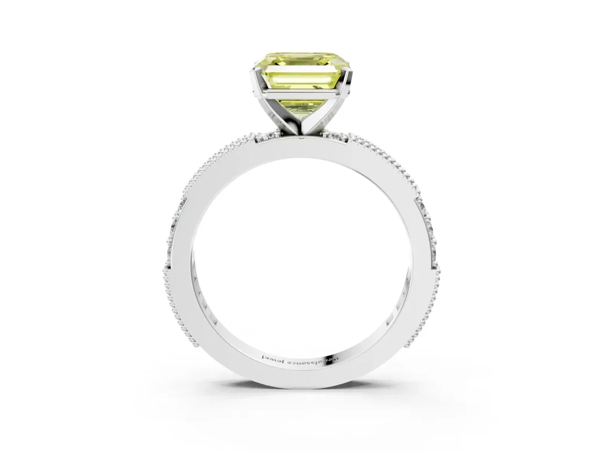 Fancy Yellow Asscher Cut Solitaire with Pavé Band and Four-Prong Setting Silver