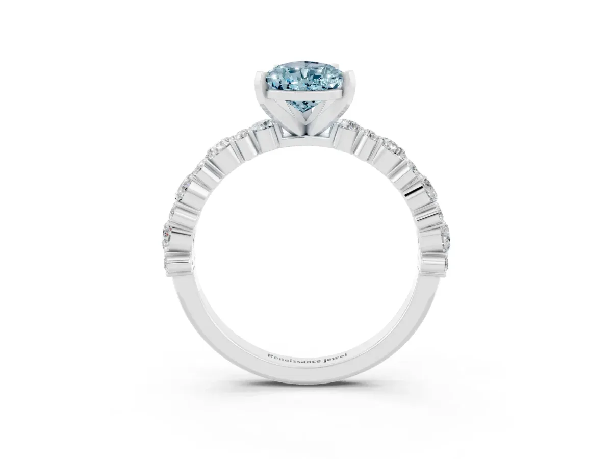 Pear Cut Aquamarine Side Stone Solitaire Ring with Round and Four-Prong Setting Silver