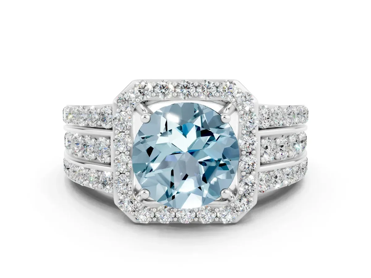Round Cut Halo Aquamarine Ring with Round Split Shank and Prong Setting Platinum