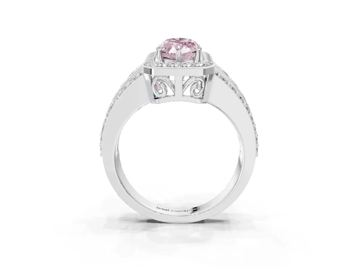 Fancy Pink Marquise Cut Halo Diamond Ring with Round Split Shank and Prong Setting Silver