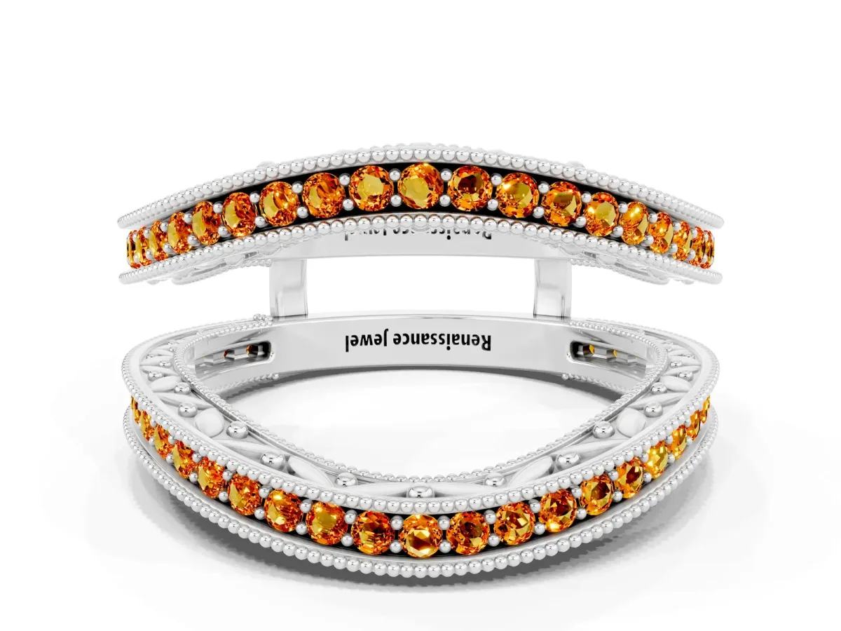 Round Citrine Milgrain Eternity Band with Channel Setting White gold