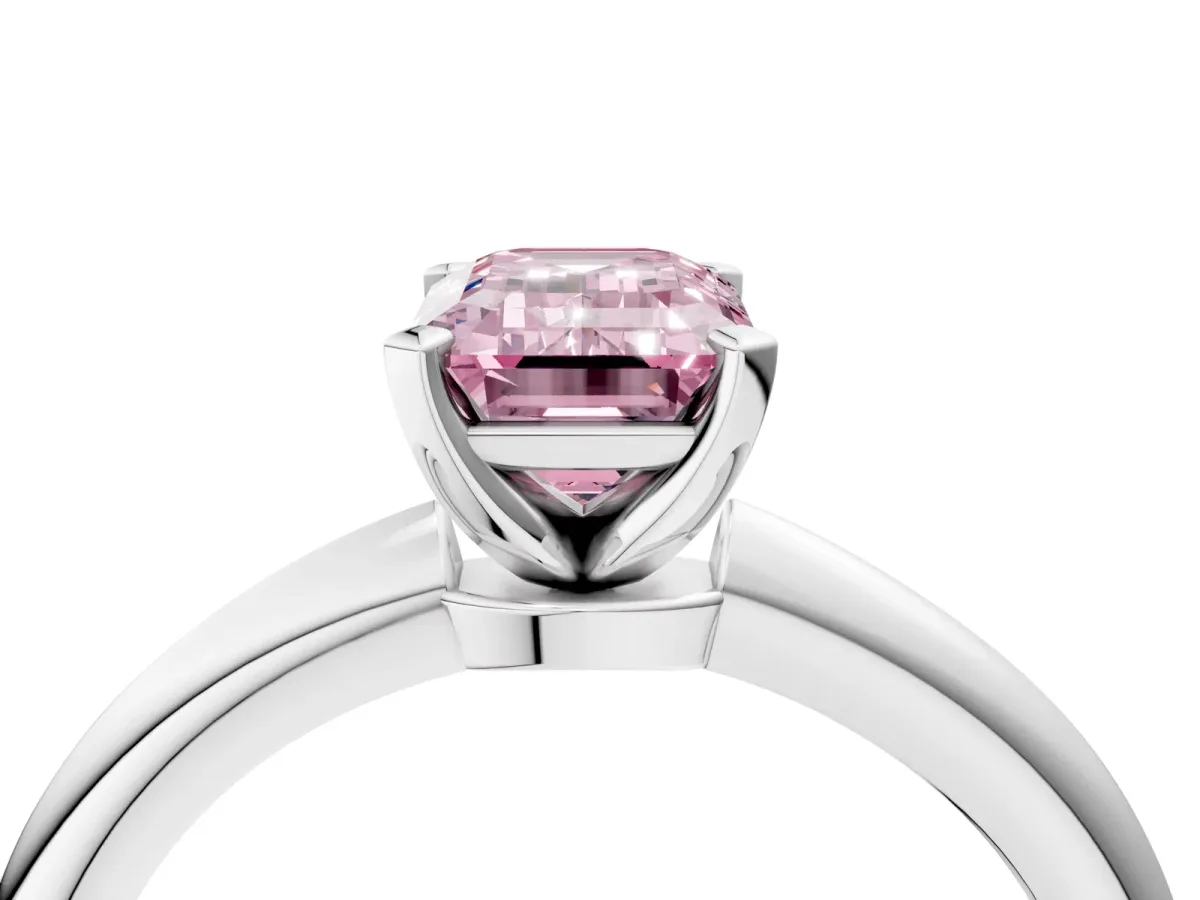 Fancy Pink Emerald Cut Diamond Solitaire Ring with Six-Prong Setting and Classic Band Silver