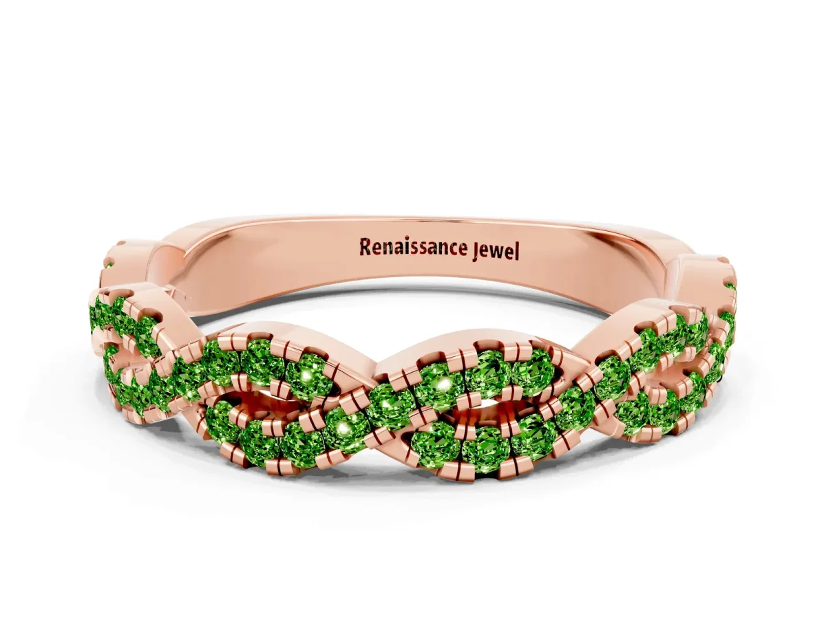 Round Peridot Twisted Eternity Band with Pavé and Shared Prong Setting Rose gold