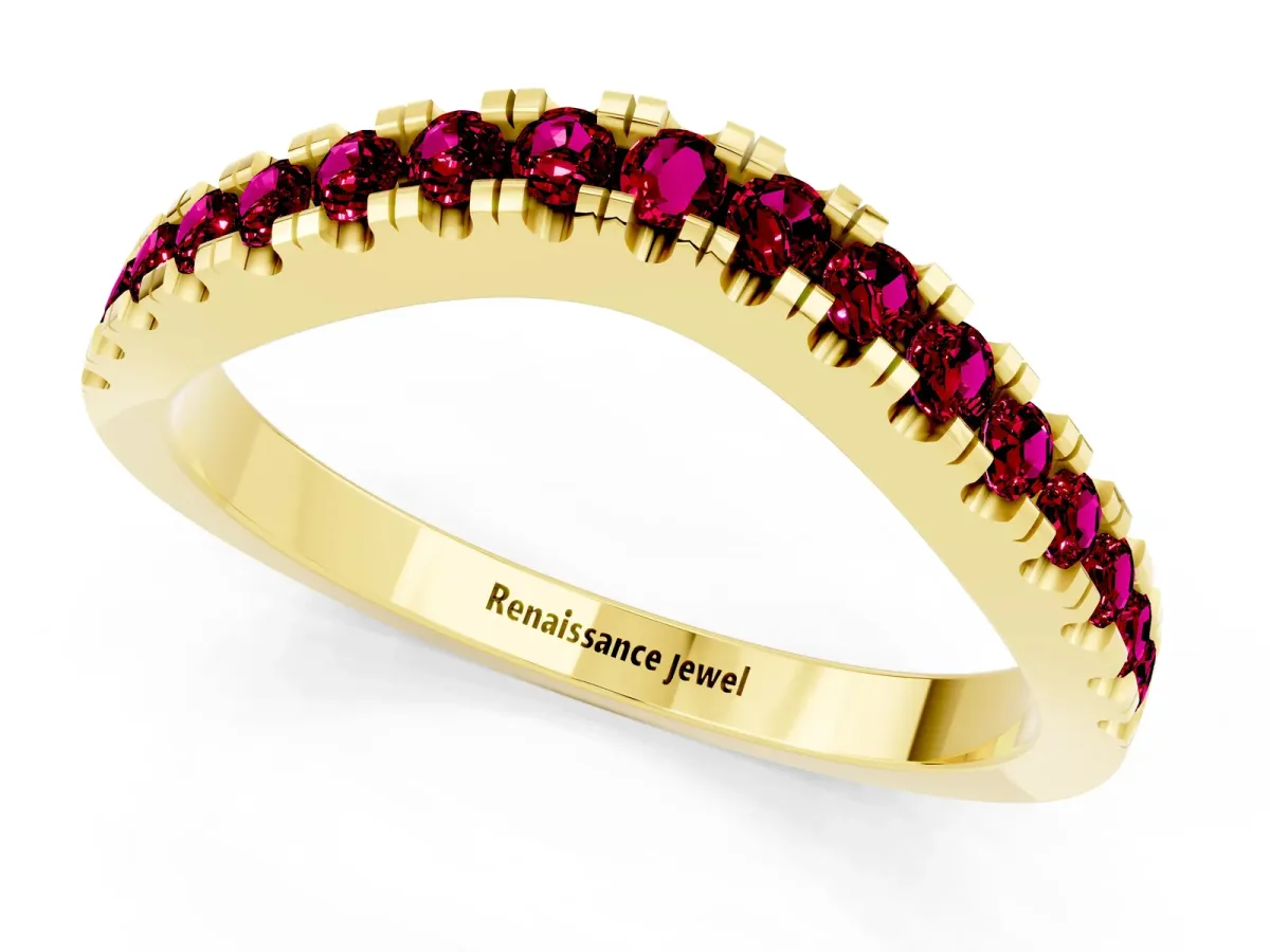 Round Garnet Pavé Curved Band with Shared Prong Setting Yellow gold