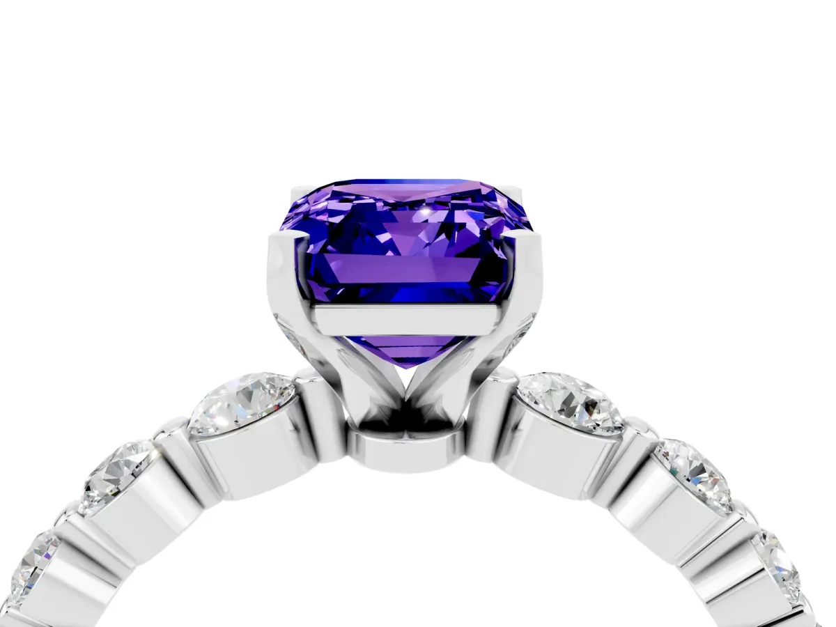 Emerald Cut Solitaire Tanzanite Ring with Pave Band and Four-Prong Setting Silver