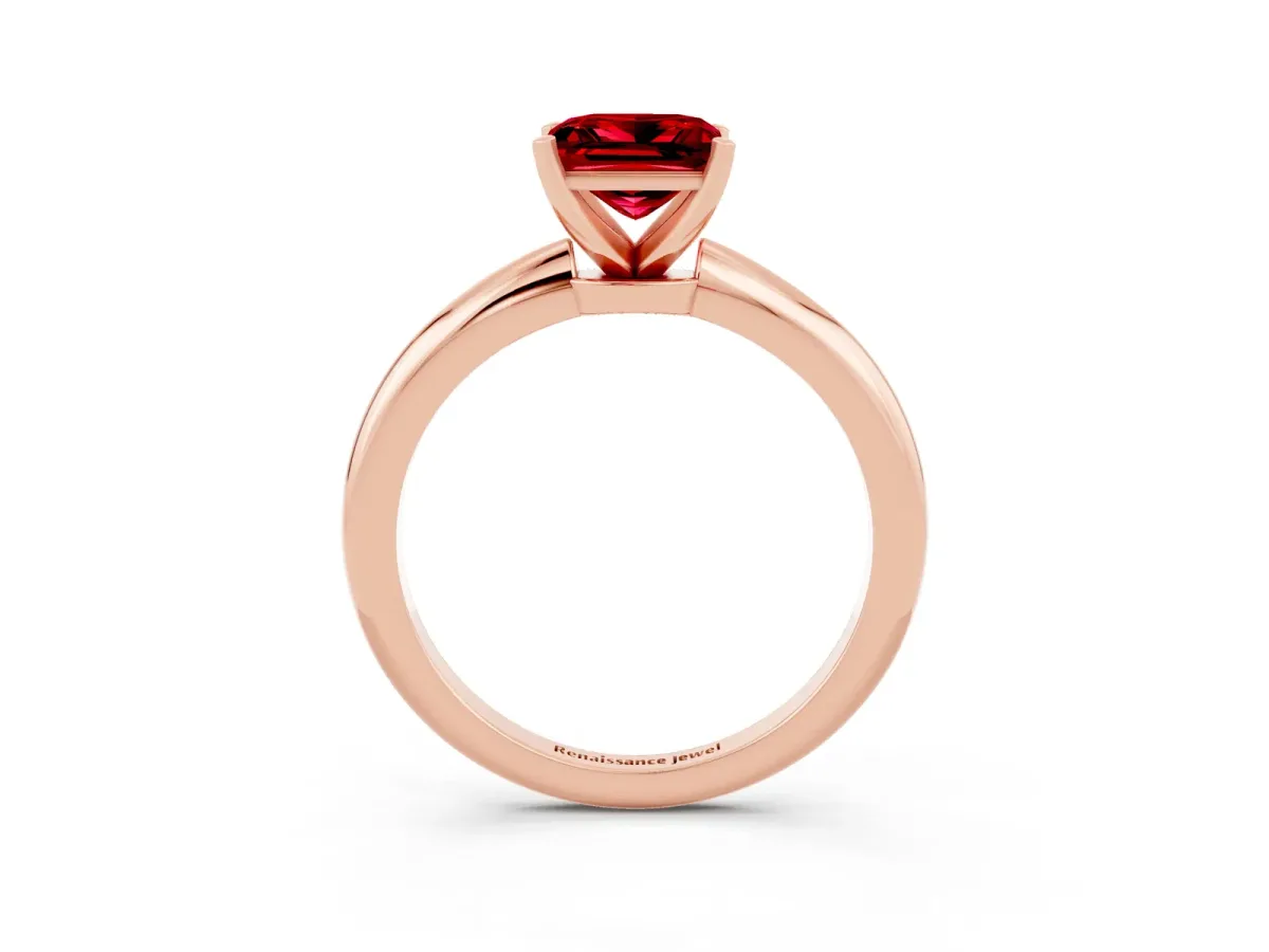 Princess Cut Ruby Solitaire Ring with Six-Prong Setting and Classic Band Rose gold