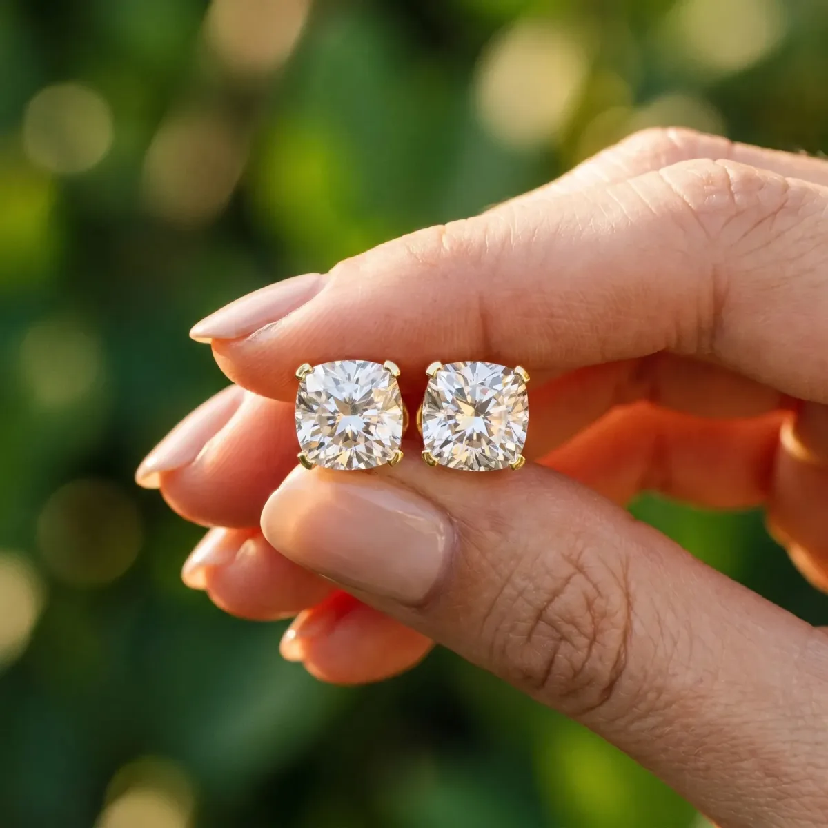 Cushion Cut Diamond Stud Earrings Yellow gold