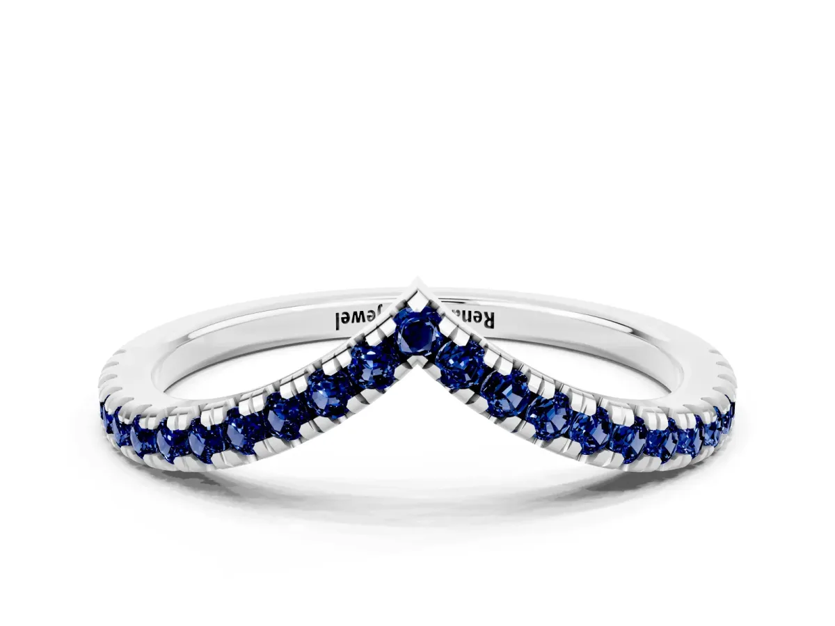 Pavé Round Blue Sapphire V-Shaped Chevron Band with Shared Prong Setting Silver