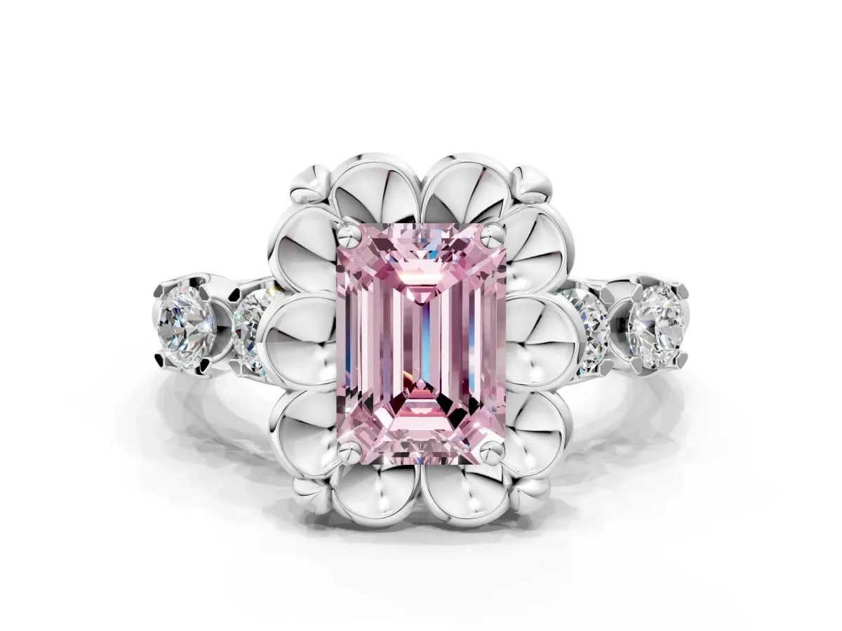 Fancy Pink Emerald Cut Cut Diamond Floral Halo Engagement Ring with Shared Prong Setting Silver