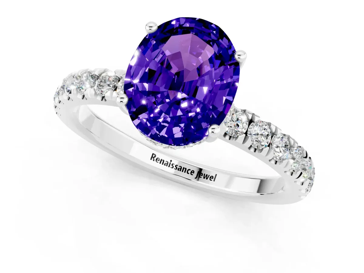 Oval Cut Tanzanite Pave Band Solitaire Ring with Round and Prong Setting Platinum