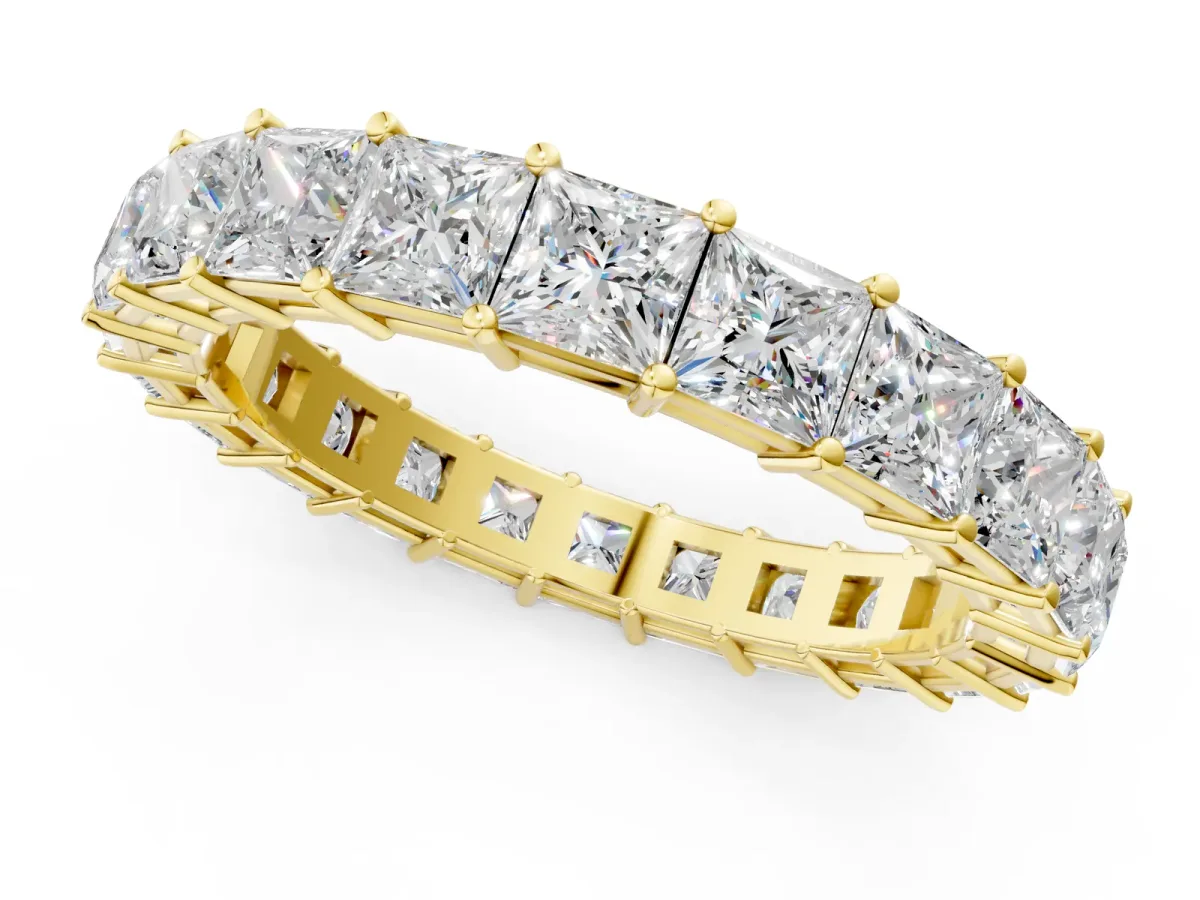 Princess Cut Eternity Band with Shared Prong Setting Yellow gold