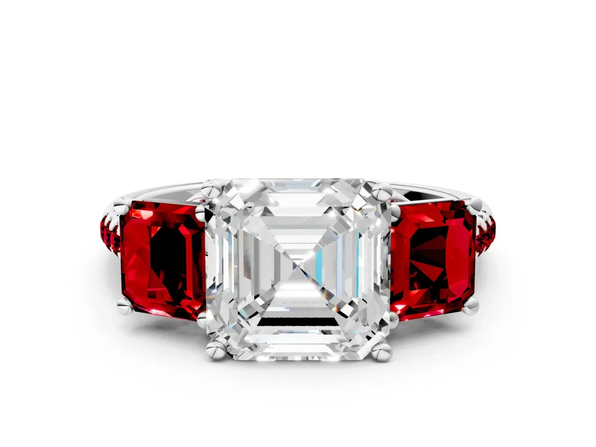 Three-Stone Asscher Cut Diamond Ring with Round Ruby Pavé Band and Prong Setting Platinum
