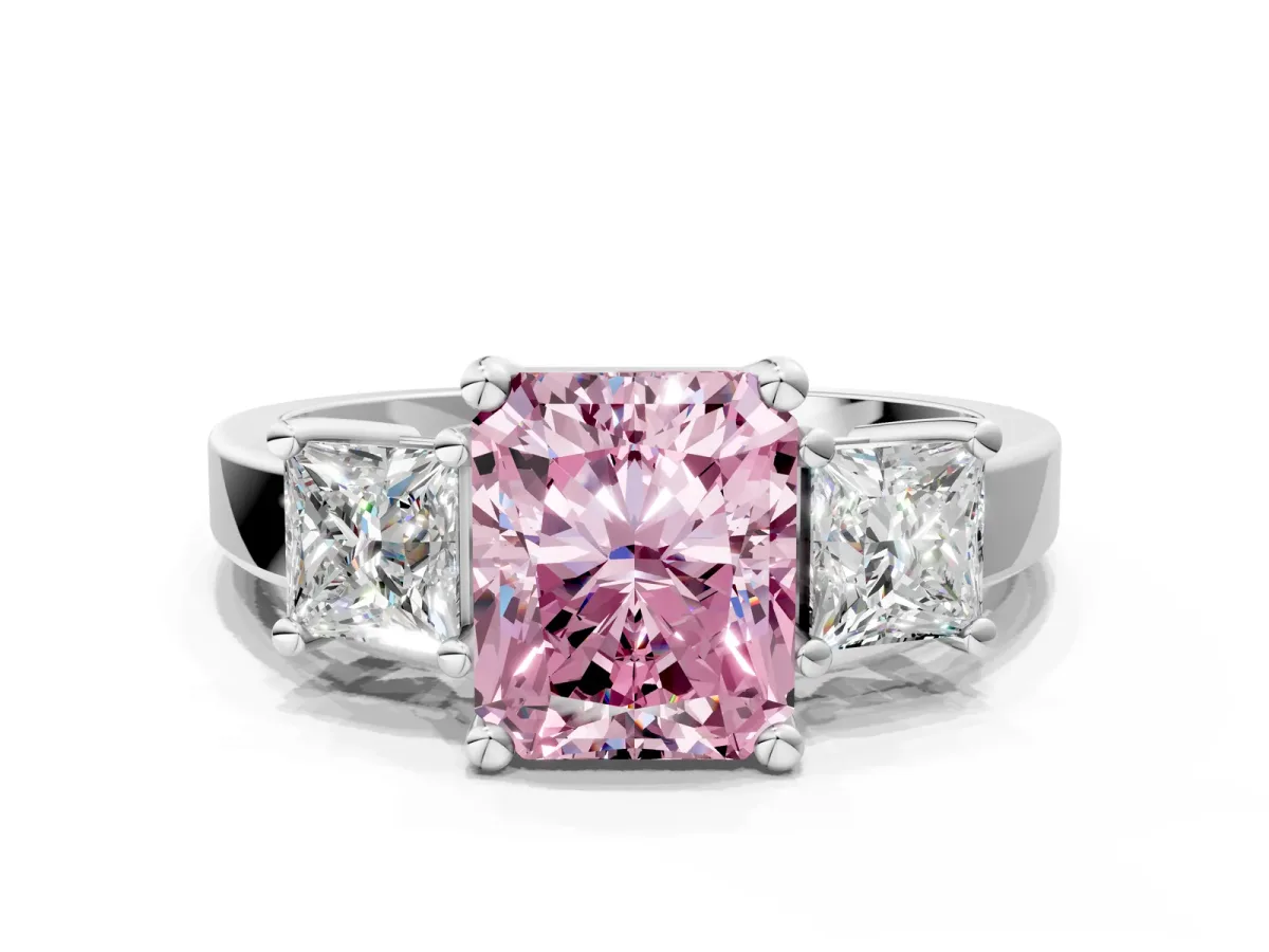 Fancy Pink Three-Stone Radiant Cut Cut Solitaire Ring with Prong Setting Platinum