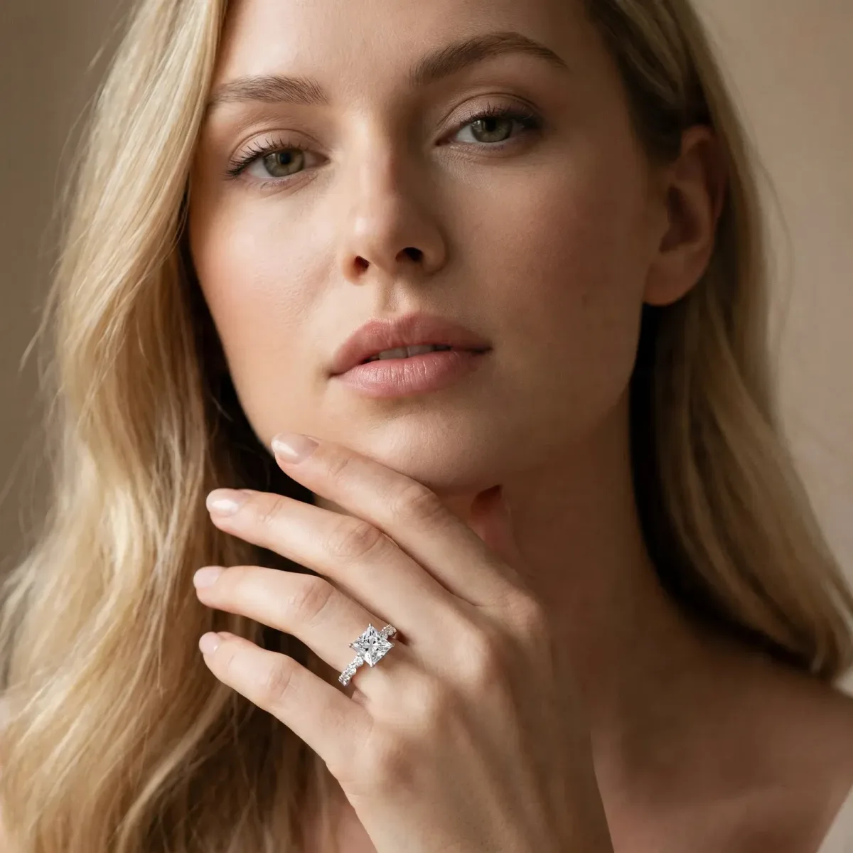Princess Cut Solitaire Diamond Ring with Pave Band and Four-Prong Setting Platinum