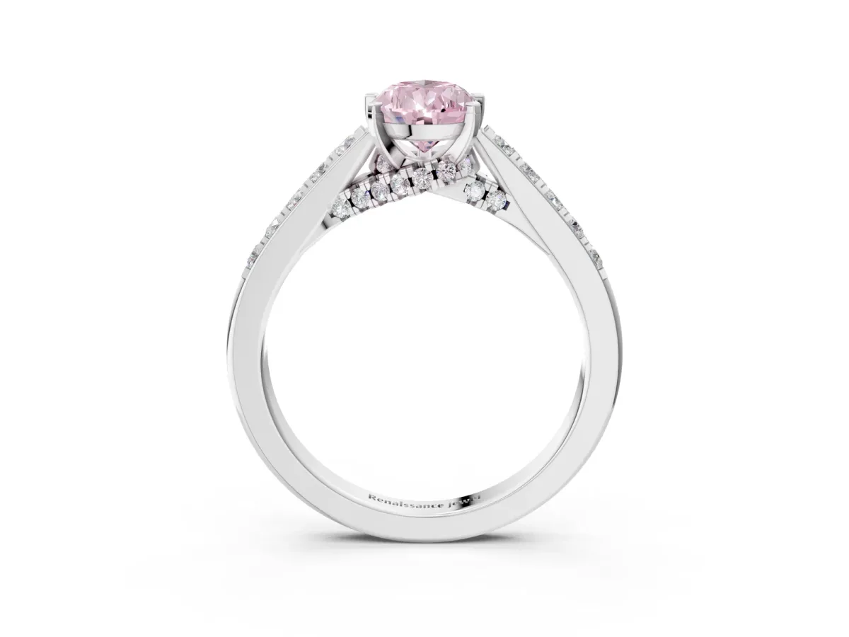 Fancy Pink Pear Cut Diamond Solitaire Ring with Crossover Gallery and Round Pavé Band Silver