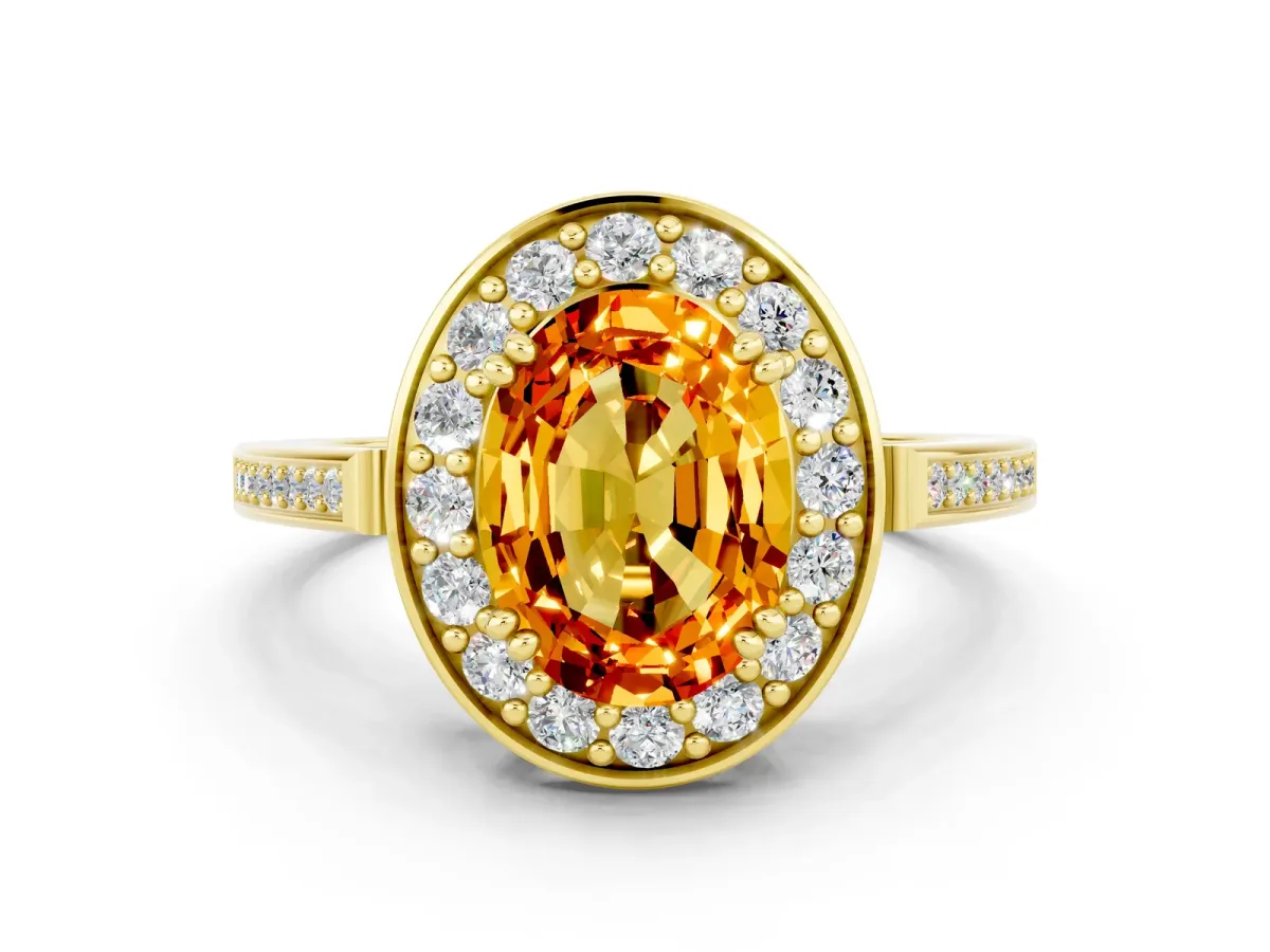 Oval Cut Citrine Halo Ring with Split Shank and Four-Prong Setting Yellow gold