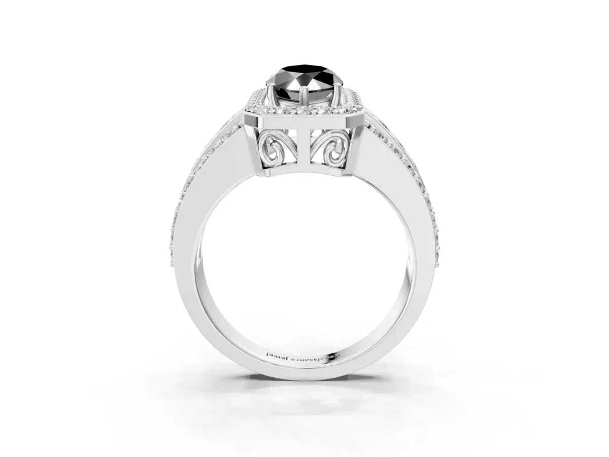 Fancy Black Marquise Cut Halo Diamond Ring with Round Split Shank and Prong Setting Silver