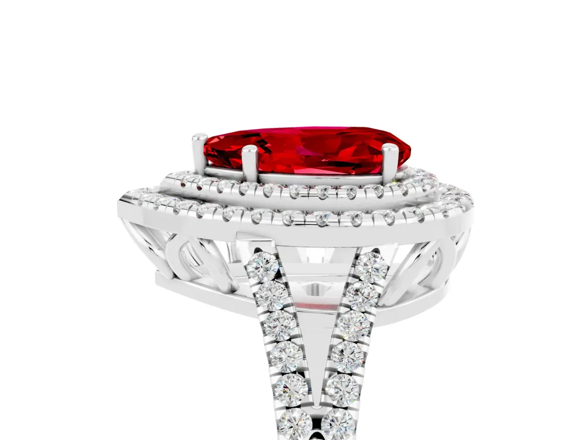 Pear Cut Ruby Double Halo Ring with Pavé Band and Prong Setting Silver